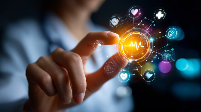 Doctor hand with stethoscope touching medical UI icons, future healthcare technology, digital diagnosis interface, innovation treatment concept, medical innovation visualization, p