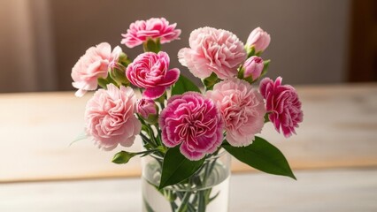 Fototapeta premium A fresh bouquet of pink and magenta carnations in a glass vase on a wooden table. Spring floral arrangement for mother's day or a birthday celebration