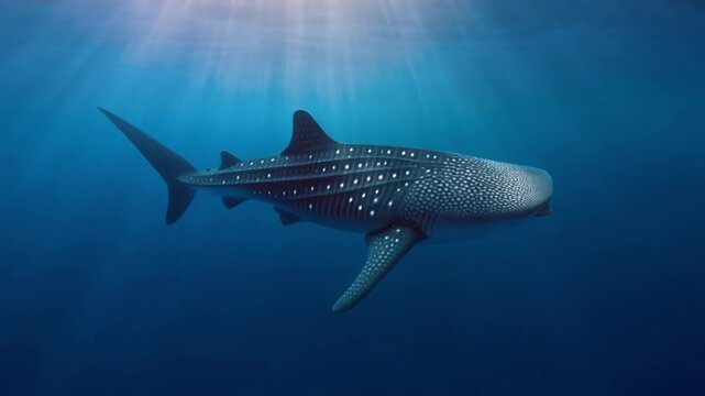 Majestic perspective of an endangered whale shark featuring realistic skin patterns and atmospheric underwater light beams.