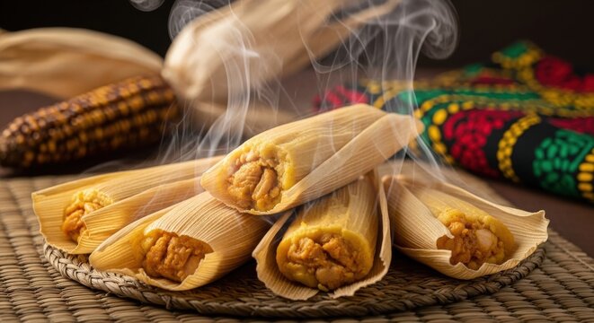 Steamed Cuban Tamales - Rustic Corn and Chicken Parcels on Woven Mat with Negative Space and Afro-Cuban Background