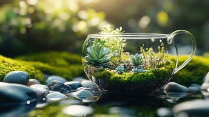 Glass terrarium cup with succulents and moss garden in natural light