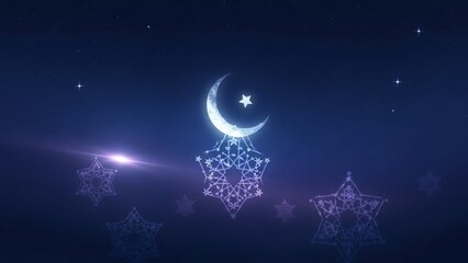 Islamic crescent moon and stars decorative elements on a dark blue background with bokeh lights