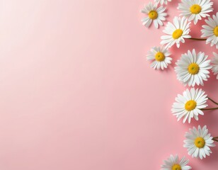 Fototapeta premium White daisy flowers arranged on soft pink background. Delicate petals, yellow centers create fresh, natural feel. Plenty of empty space for text design elements. Image perfect for spring, floral
