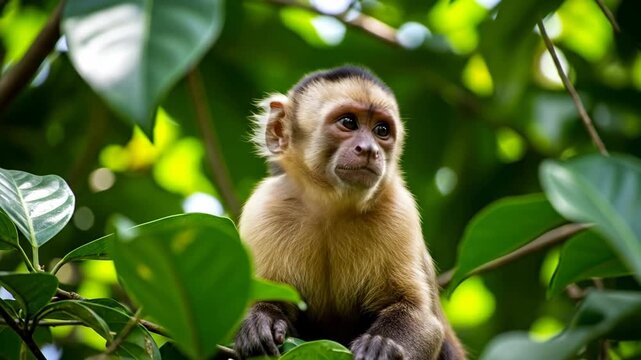 A close-up of a curious monkey amidst vibrant green foliage.