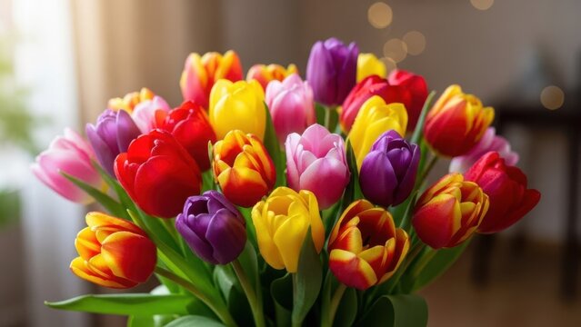 Vibrant bouquet of colorful spring tulips. Fresh multi-colored flowers on a blurred background with bokeh. Holiday celebration concept - Powered by Adobe
