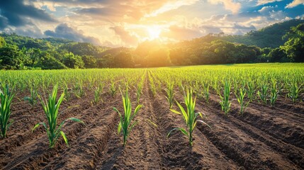 Young Sugarcane Field Bathed in Golden Sunlight