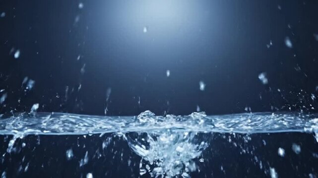 A mesmerizing, high-speed close-up captures the dynamic impact of clear water droplets creating a striking crown-shaped splash on a dark blue liquid surface. Pristine, cool blue water cascades and eru