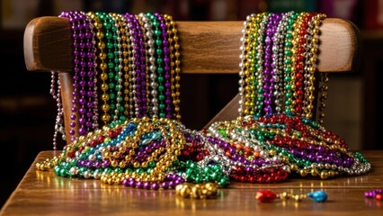 Colorful Mardi Gras beads in purple, green, and gold. Festive celebration necklaces draped on a wooden chair for a traditional carnival party background