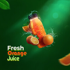 Refreshing Fresh Orange Juice Splash banner design, orange juice social media post design.