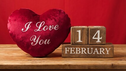 Red heart shaped pillow and wooden calendar blocks on a table for Valentines Day