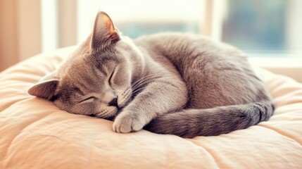 Adorable kitten peacefully sleeping on a soft cushion