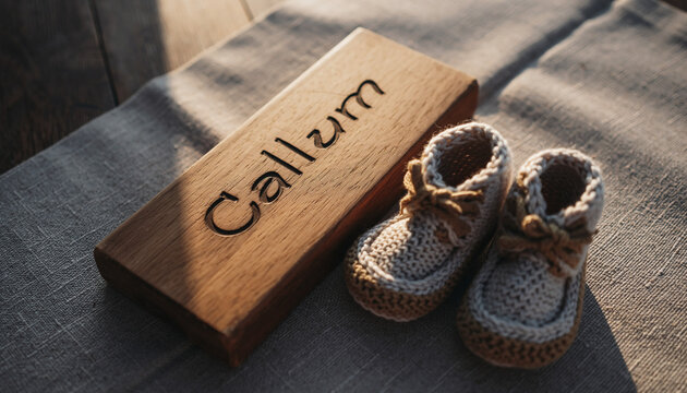 Baby name Callum engraved on a wooden plaque with knitted baby shoes. Image for baby name reveal