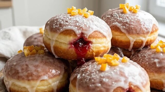 A mouth-watering close-up showcases a delightful stack of freshly prepared, golden-brown pastries, generously coated in a sweet white glaze. Powdered sugar softly sprinkles down, adding a delicate fin