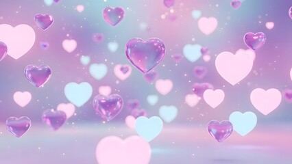 Dreamy pastel background with floating holographic and glowing hearts for valentines day or romance