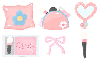 Self love and self care element set of charming pink items, a pillow, a cosmetic bag, a mirror, makeup, a bow, and a brush, designed with a feminine and playful aesthetic.