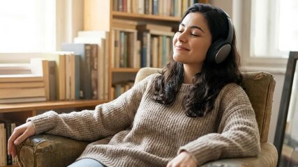 A peaceful young adult woman, with eyes gently closed, unwinds completely while immersed in audio through over-ear headphones. She sits comfortably in a worn, cozy armchair, radiating a sense of seren