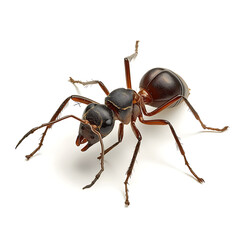 Macro shot of a small black ant isolated on white background showing detailed antenna and legs of the garden insect in nature wildlife