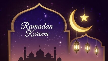 Ramadan kareem illustration with crescent moon star and mosque silhouette