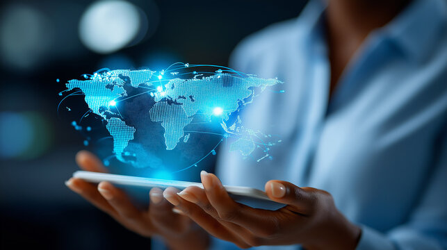 African businesswoman with tablet displaying holographic world map overlay, social network analytics, global user data visualization, mobile technology UX UI design, digital inform - Powered by Adobe