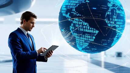Businessman with digital globe interface - Powered by Adobe