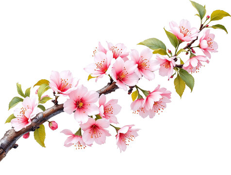 Elegant light pink cherry blossom branch in full bloom with fresh green leaves, symbolizing spring, new beginnings, and delicate beauty, isolated on a transparent background for design flexi