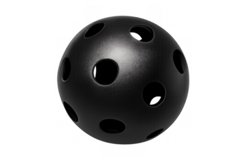 Black floorball ball with holes, a sports equipment object for floor hockey game exercises, transparent background