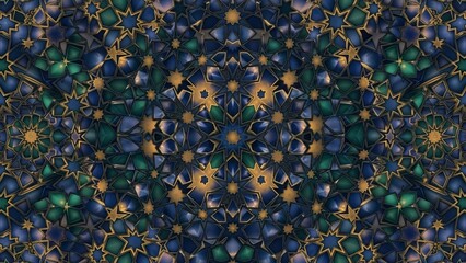 Intricate Abstract Geometric Pattern with Golden and Deep Blue Tones