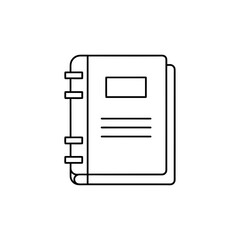 A black line drawing of a binder notebook silhouette on transparent background icon art office school organizer stationery document book binding rings three ring clip