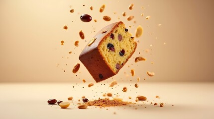 Fruitcake Toss in Mid-Air with Flying Crumbs, High-Speed Food Photography on Neutral Background