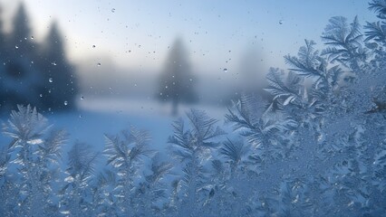 Beautiful ice crystals form intricate patterns on a window pane.