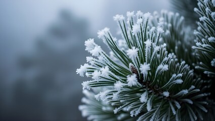 Delicate frost covers green pine needles on a cold morning.