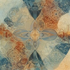 Abstract mosaic pattern featuring intricate geometric mandalas and ornate scrolls, rendered in soothing earthy and cool tones, creating a tranquil and captivating decorative artwork