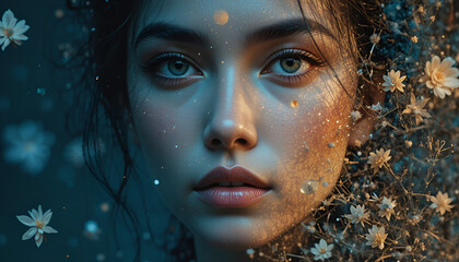 A serene woman surrounded by delicate flowers and soft glowing lights