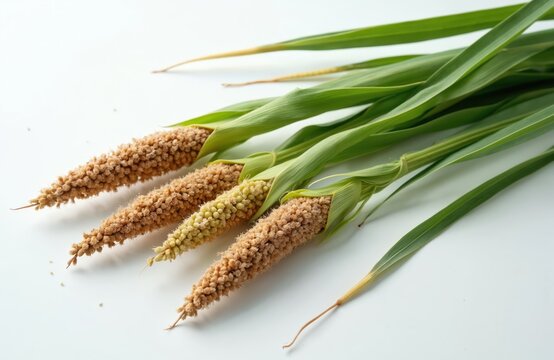 Group of finger millet stalks with mature grains and fresh green leaves. Some grains are light yellow, others are brown, isolated on white background. Plant used as cereal crop in Africa and Asia.