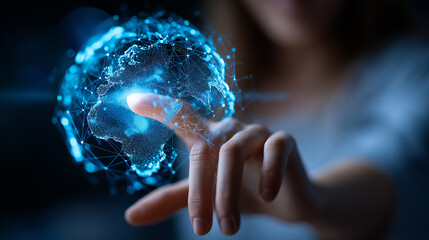 Faceless woman's hand touching holographic global connection network, metaverse technology concept, wireless internet communication, futuristic polygon visualization, advanced conn