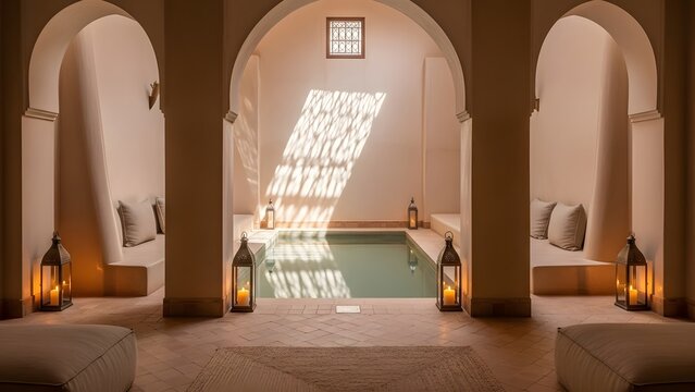 Luxurious moroccan riad interior with plunge pool and lanterns at sunset
