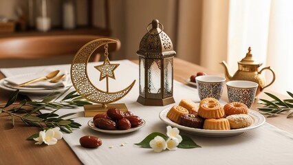 Elegant table setting for a joyful Islamic celebration, featuring a decorative crescent moon, a traditional lantern, delicious dates, and sweet pastries