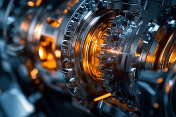 Fototapeta premium Detailed shot of hybrid gear mechanism with glowing reflection