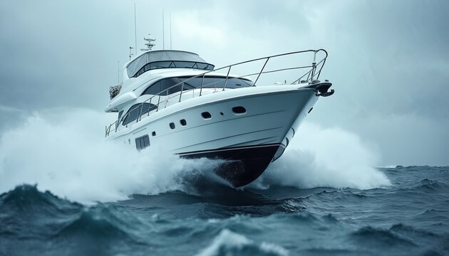 White motor yacht speeds through rough ocean waves under a stormy sky. Powerful vessel cuts through choppy sea spray during a dramatic maritime journey. Luxury boat navigates rough waters at speed.