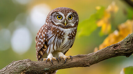 Owl sitting on a tree branch, showcasing wisdom, calm focus, and nocturnal beauty, captured in a natural setting with a serene and mysterious atmosphere