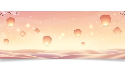 Floating lanterns illuminate serene landscape with soft gradients and ambient glow