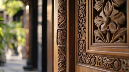 Ornate carved wooden door detail, tropical garden background
