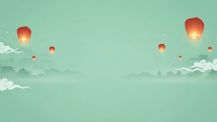 Floating lanterns illuminate serene sky with clouds and scenic background