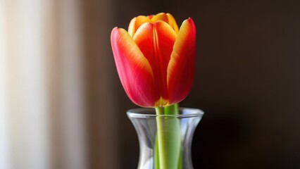 A close-up of a single red and yellow tulip in a clear glass vase. Fresh spring flower with vibrant petals on a blurred background. Still life concept for mother's day or easter celebration
