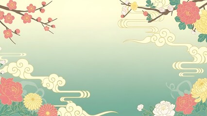 Floral illustration with blossoms and clouds on gradient background