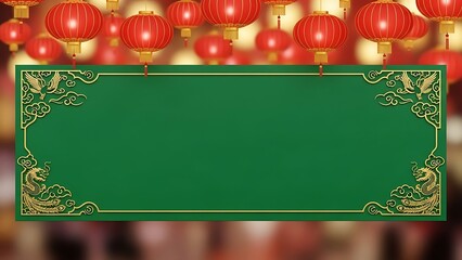 Green banner with golden ornaments and lanterns festive decoration
