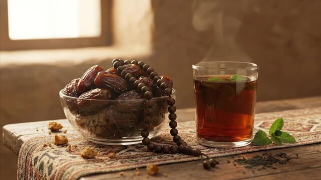 A serene and inviting close-up view showcases a traditional spread of plump, dark dates in a clear glass bowl, artfully accompanied by a steaming glass of hot tea infused with fresh mint leaves. A str