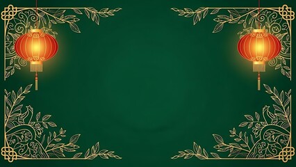 Lanterns and golden floral frame on a green backdrop for design and decoration