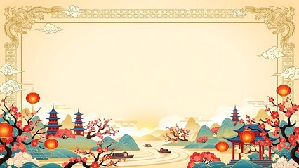 Traditional oriental landscape design with pagodas and blossoms in warm tones