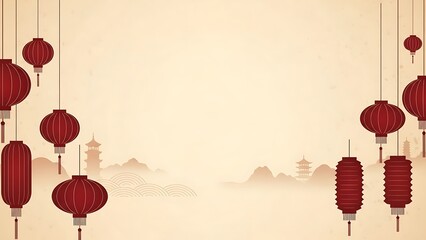Lanterns and scenic landscape vector illustration with copy space